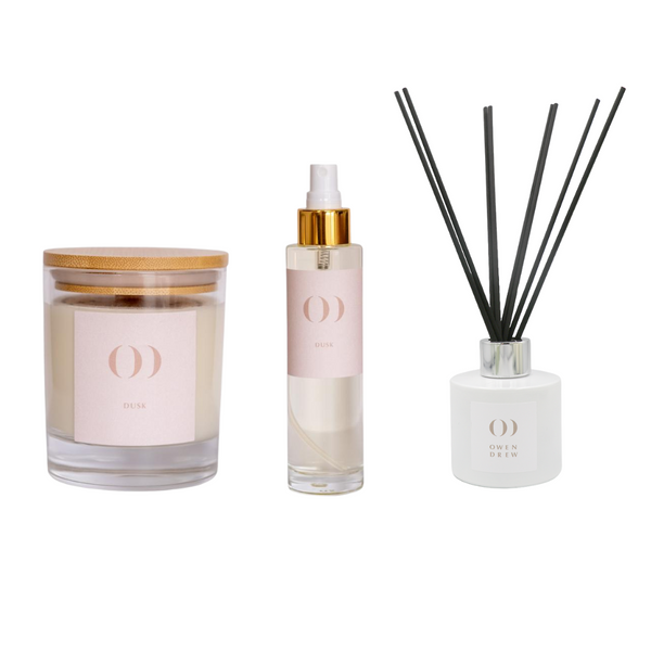 Set of three home fragrance products on a white background
